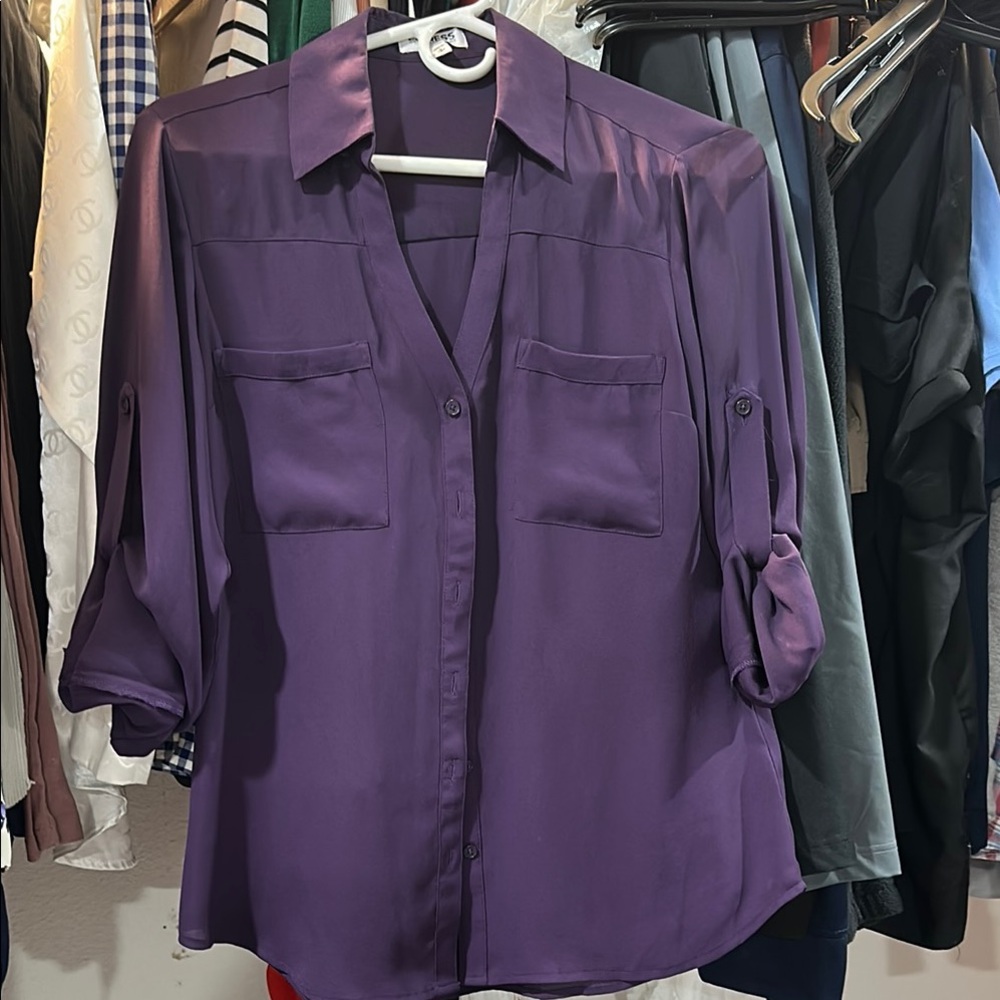Express Purple Buttoned Notched Collar Blouse